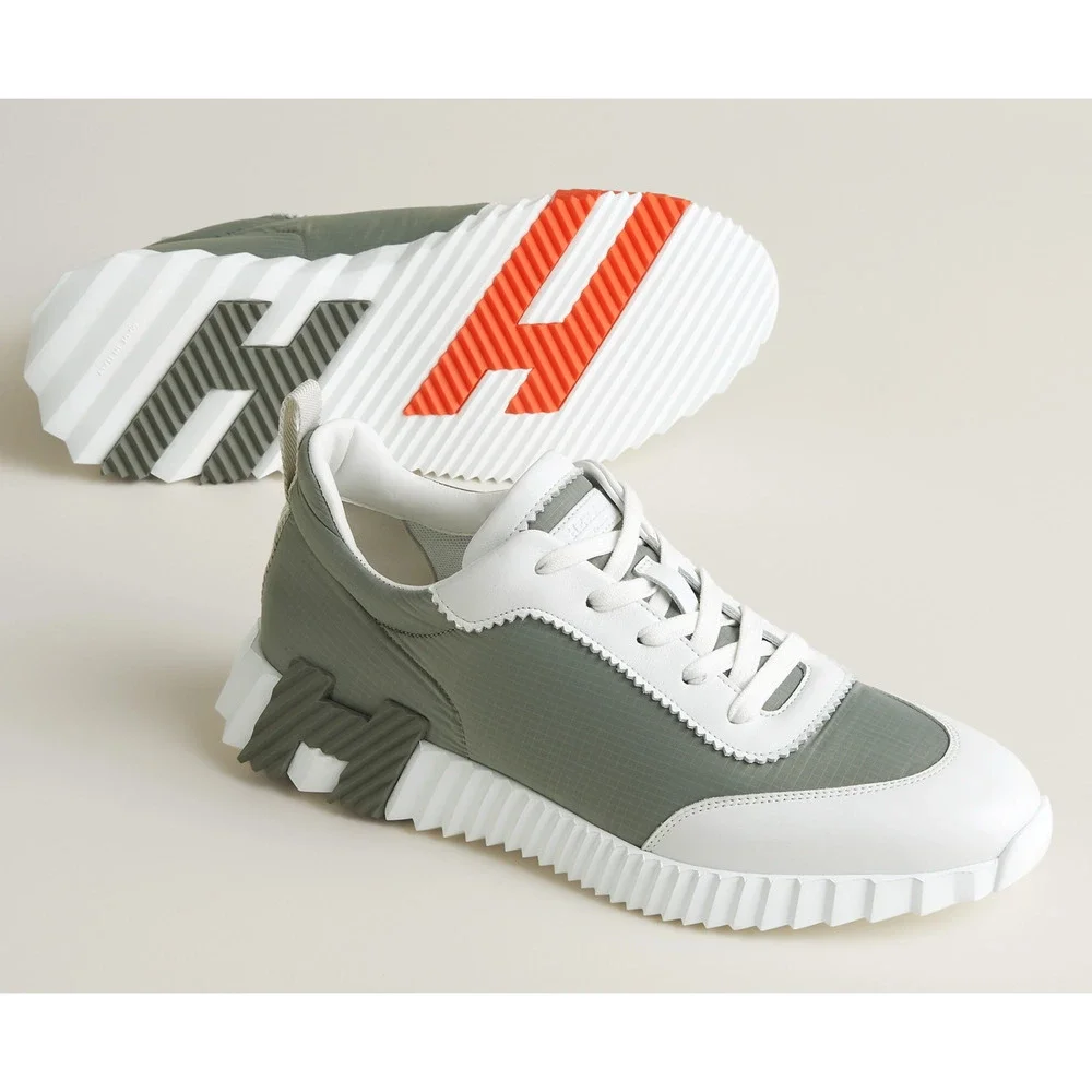 Hermes Mens Bouncing Sneaker Etoupe Blanc White Grey H Logo Lace Up Flat 44 11 - Picture 3 of 16